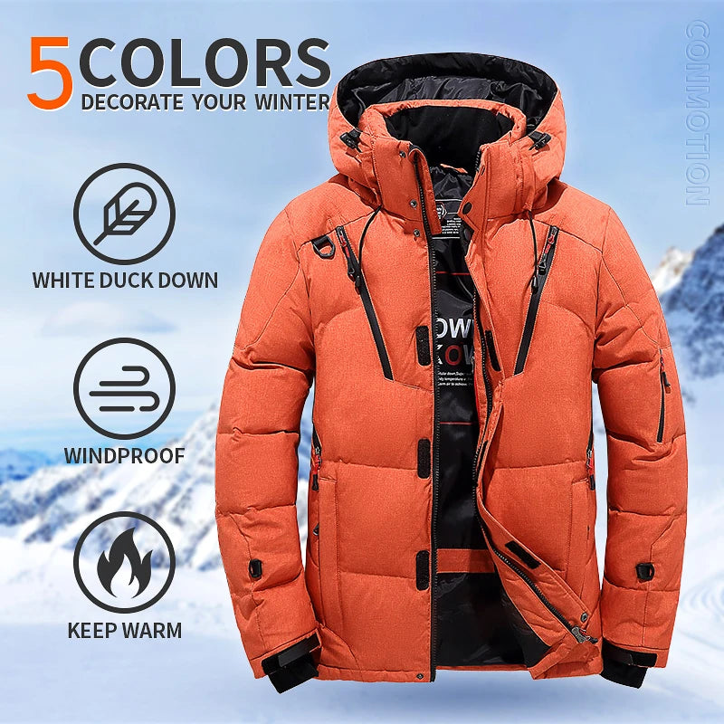 Winter Down Jacket Men White Duck Coat Windproof Warm Travel Camping Overcoat New in Thicken Solid Color Hooded Male Clothing